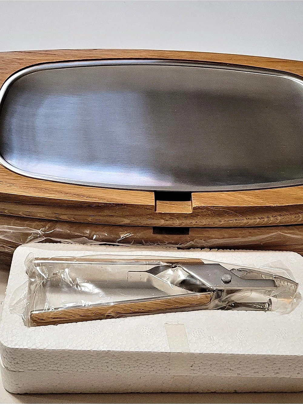 Wooden Serving Dish with Utensil in Brown & Silver NWT